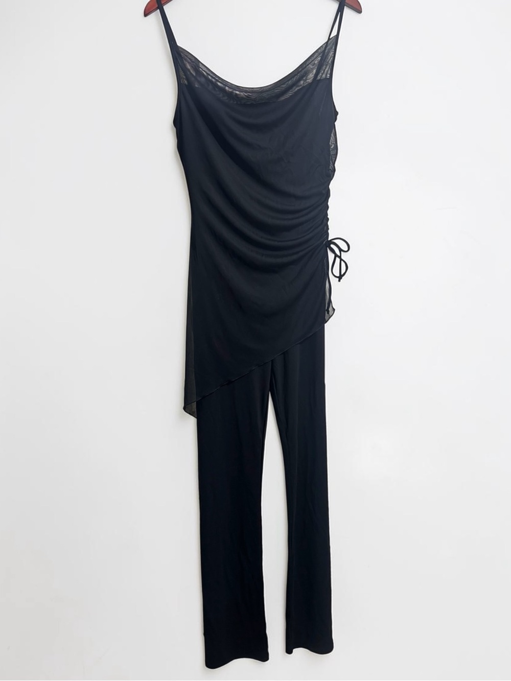 Y2K Lipstick Black Overlay Jumpsuit Mesh Cowl Ruched Party 2000s Diva M